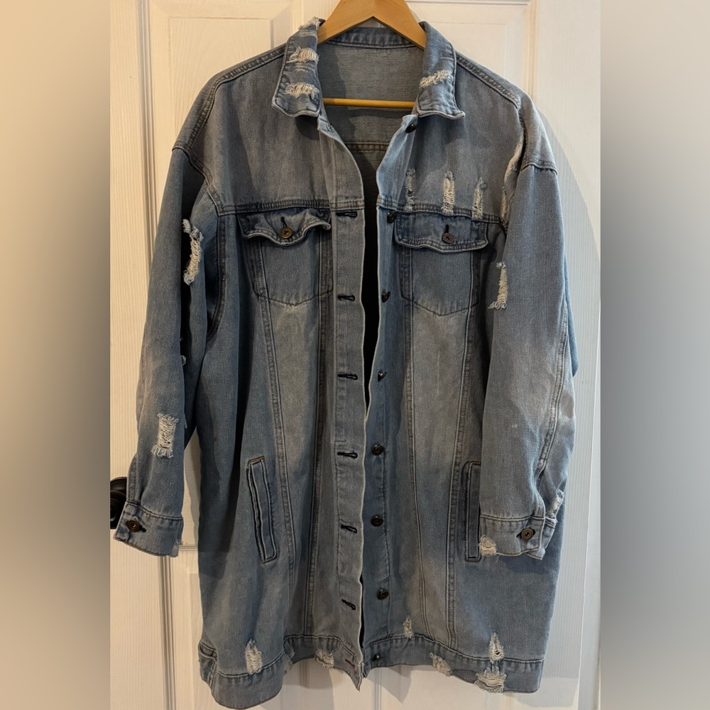 Medium Wash Distressed Long-Line Jean Jacket, Plus Size